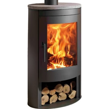 Kaminofen Panadero Oval 1 Stahl schwarz 8,7 kW mit Natursteinabdeckung und Holzfach