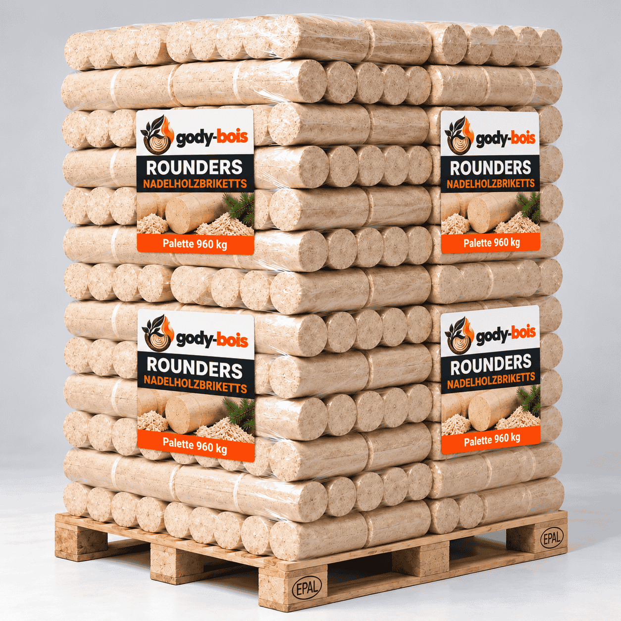 6 Nadelholzbriketts rund – Rounders 960 kg Palette (96 × 10 kg) – Bild 1