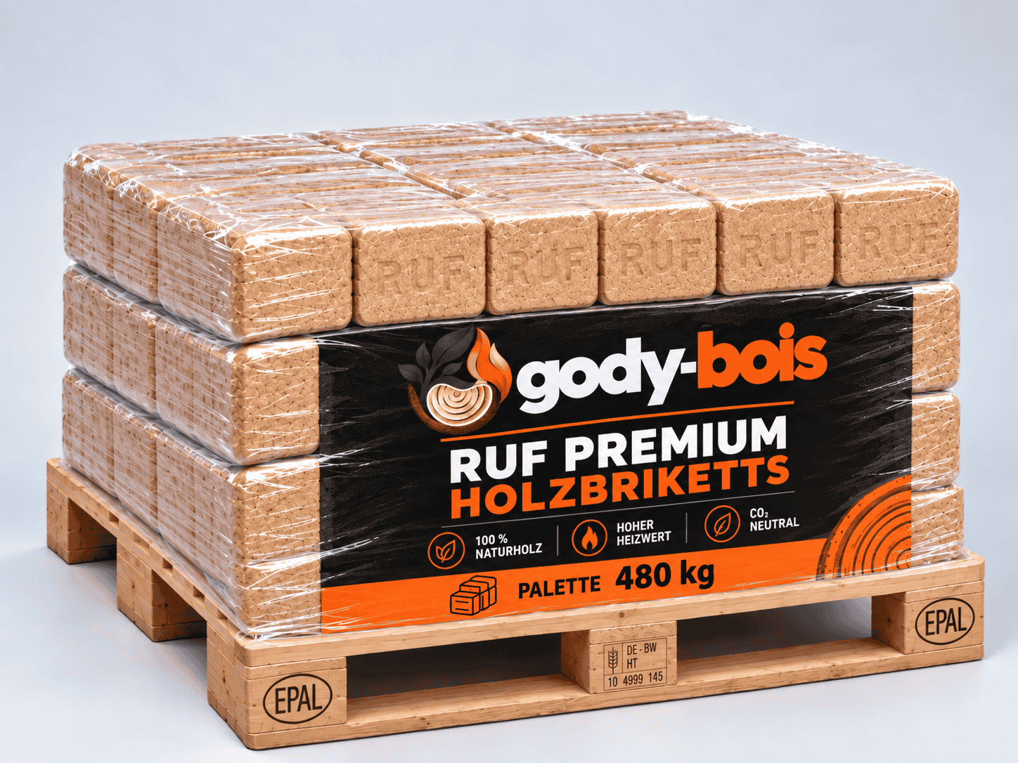 Premium RUF Briquette Half-Pallet Stack (1) Hartholzbriketts Buche/Eiche – Hardcubes 480 kg Halbpalette (48 × 10 kg) – Bild 1